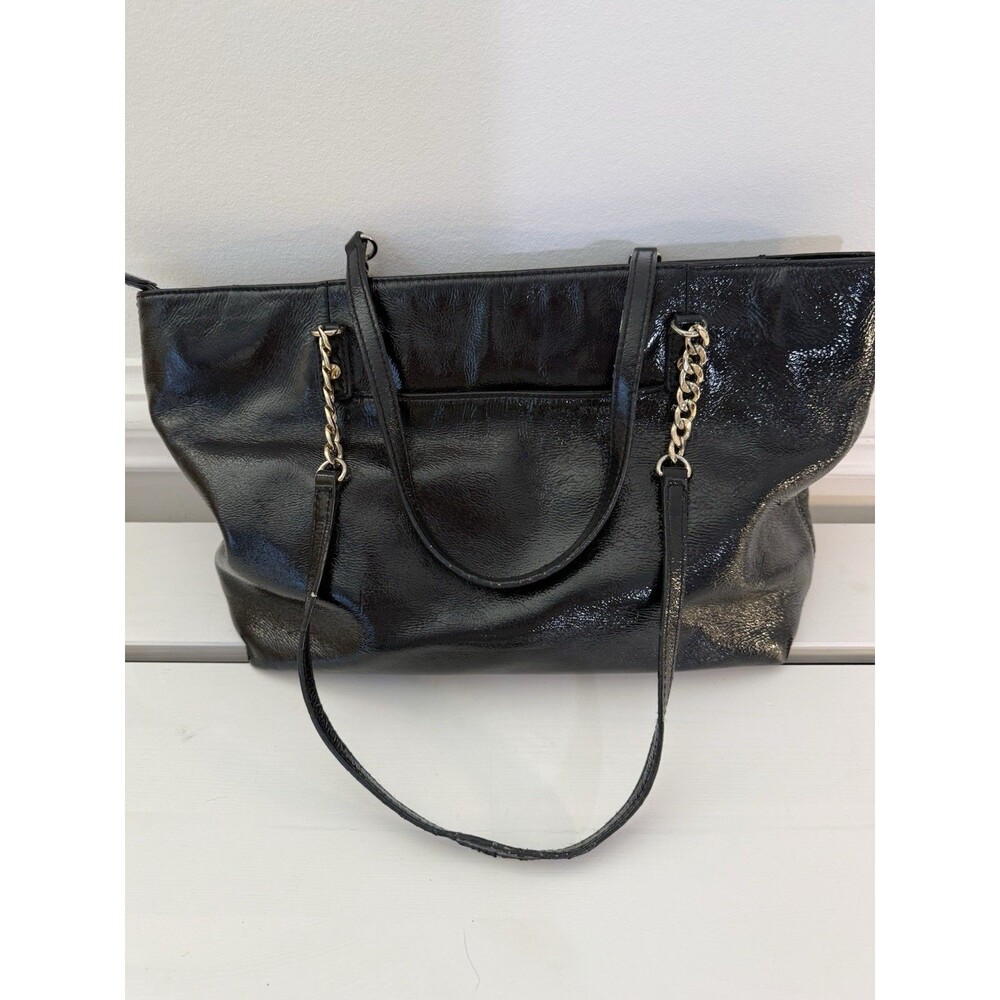✿ Michael Kors Black Patent Leather Large Tote Shoulder Bag Chain Strap Gold